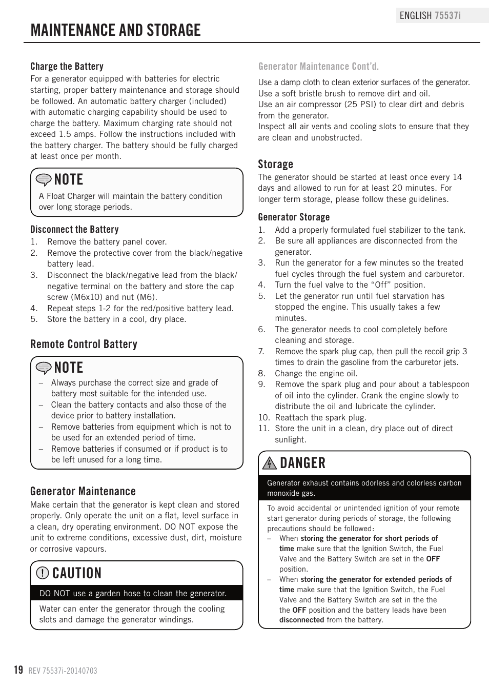 Maintenance and storage, Caution, Danger | Storage, Generator maintenance, Remote control battery | Champion Power Equipment 75537i User Manual | Page 22 / 33