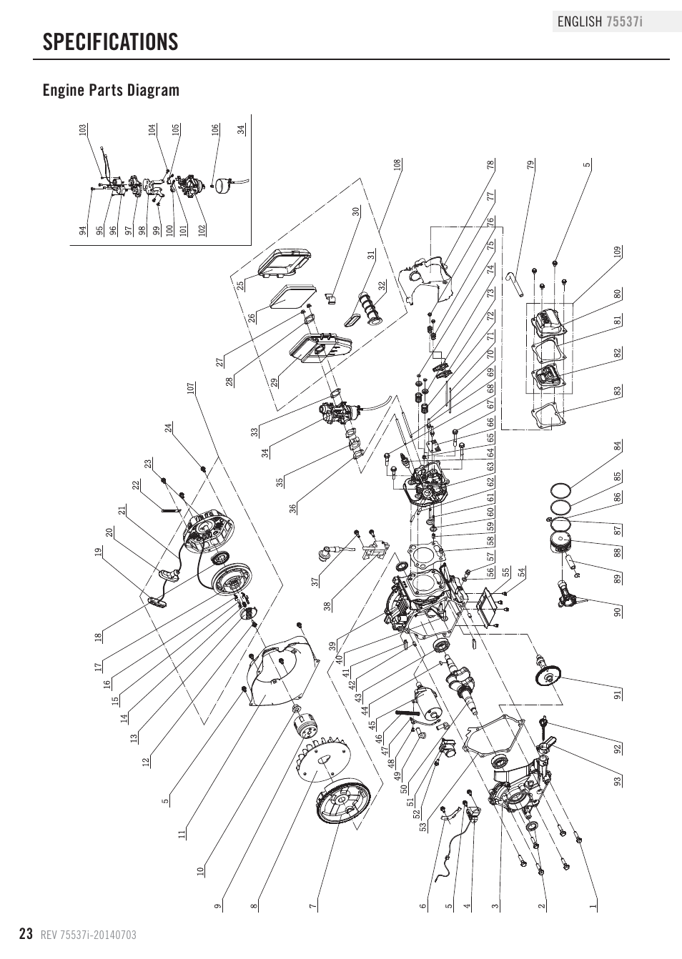 Specifications, Engine parts diagram | Champion Power Equipment 75537i User Manual | Page 26 / 33