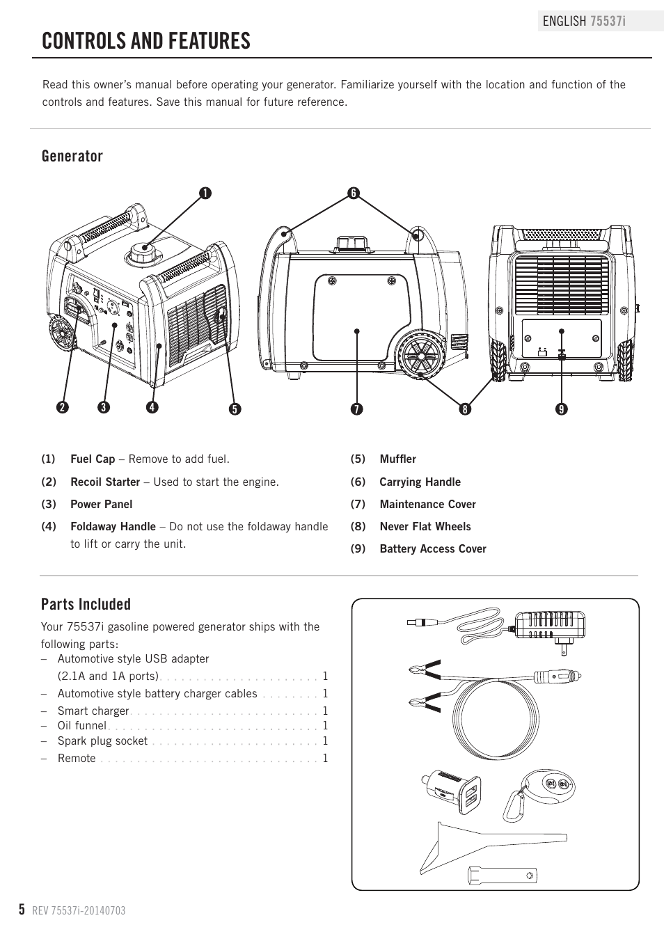 Controls and features, Generator, Parts included | Champion Power Equipment 75537i User Manual | Page 8 / 33