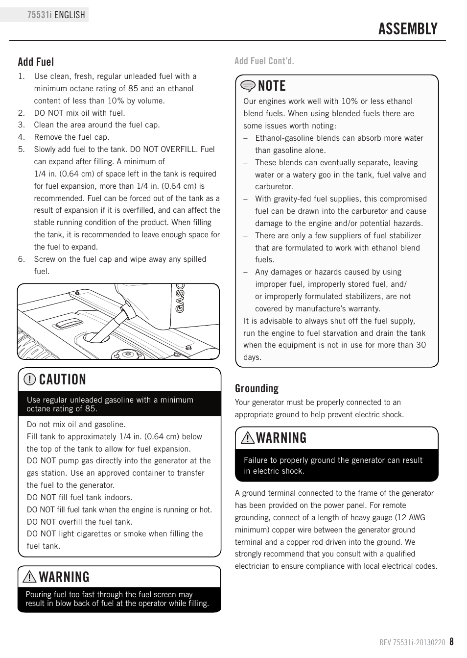 Assembly, Warning, Caution | Grounding, Add fuel | Champion Power Equipment 75531i User Manual | Page 11 / 29