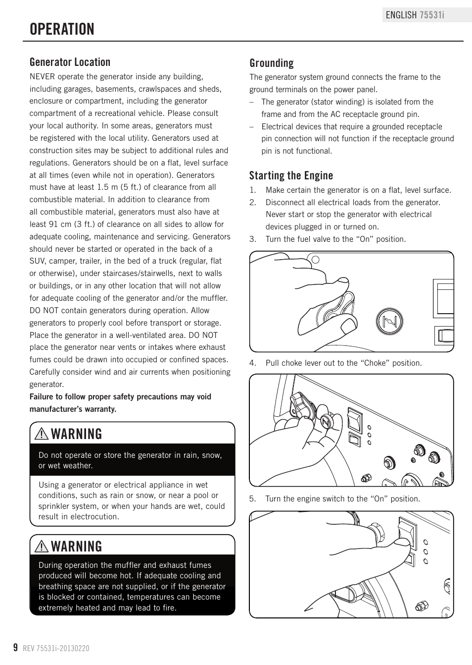 Operation, Warning, Starting the engine | Generator location, Grounding | Champion Power Equipment 75531i User Manual | Page 12 / 29