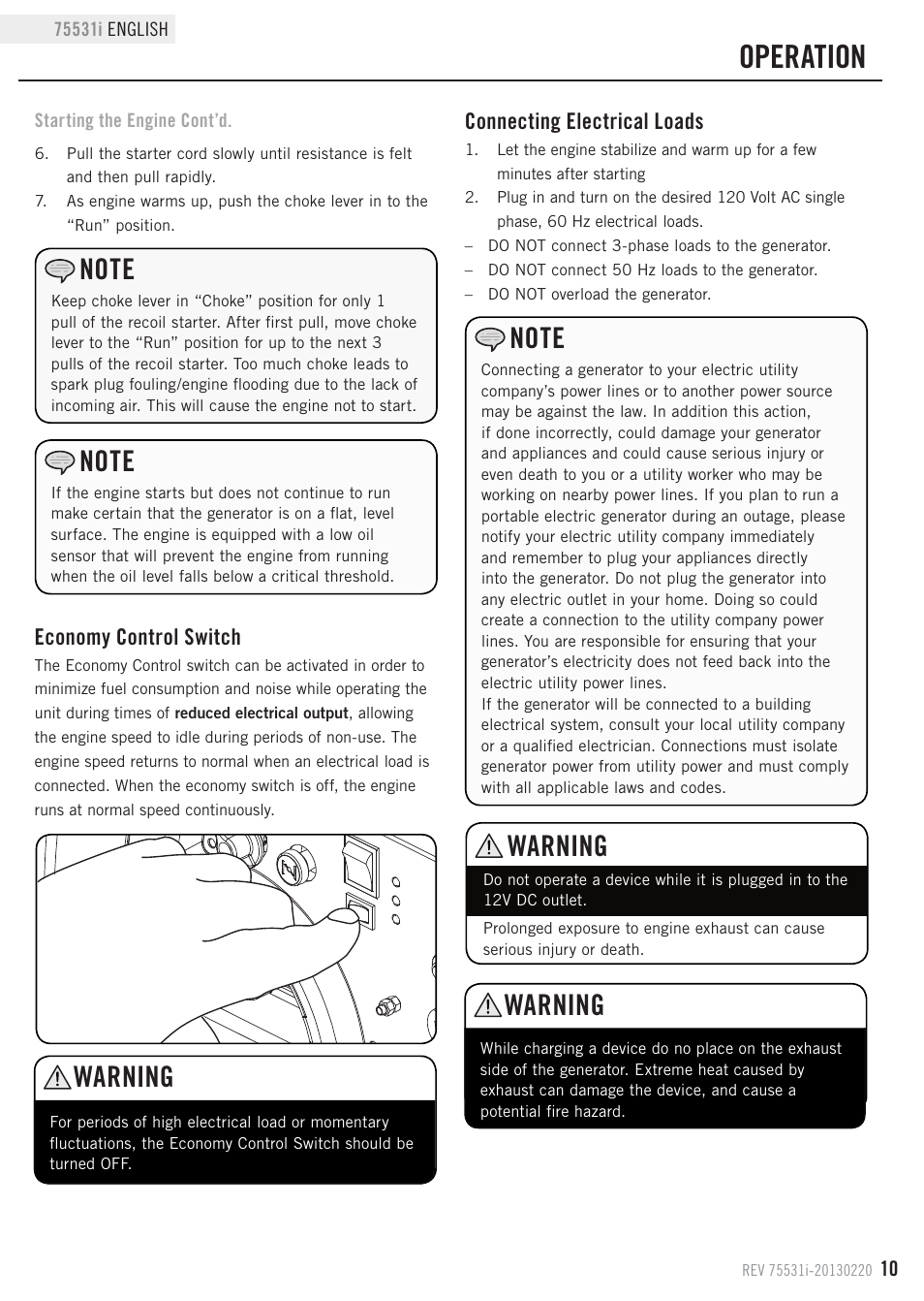 Operation, Warning, Economy control switch | Connecting electrical loads | Champion Power Equipment 75531i User Manual | Page 13 / 29