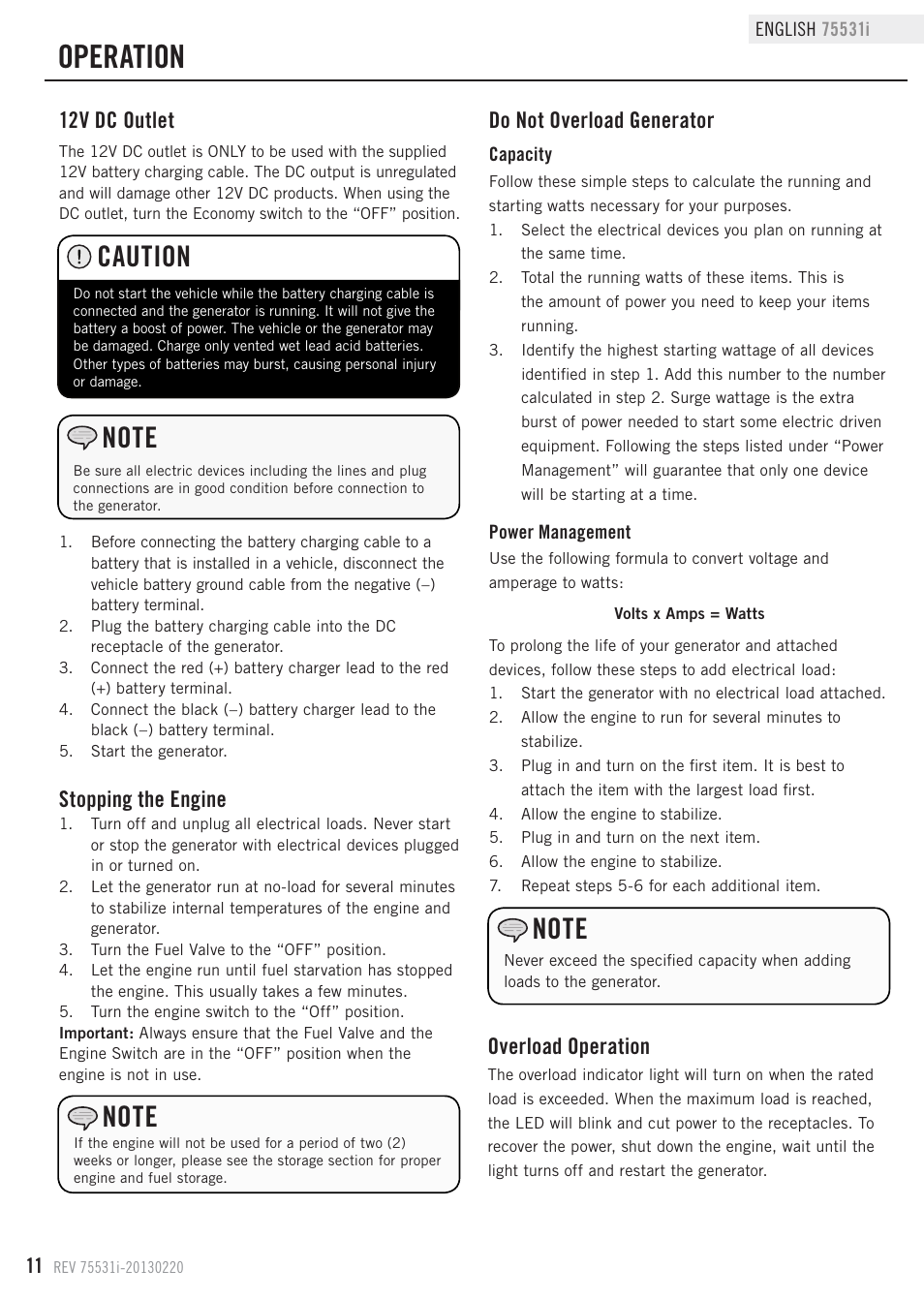 Operation, Caution, Do not overload generator | Overload operation, Stopping the engine, 12v dc outlet | Champion Power Equipment 75531i User Manual | Page 14 / 29