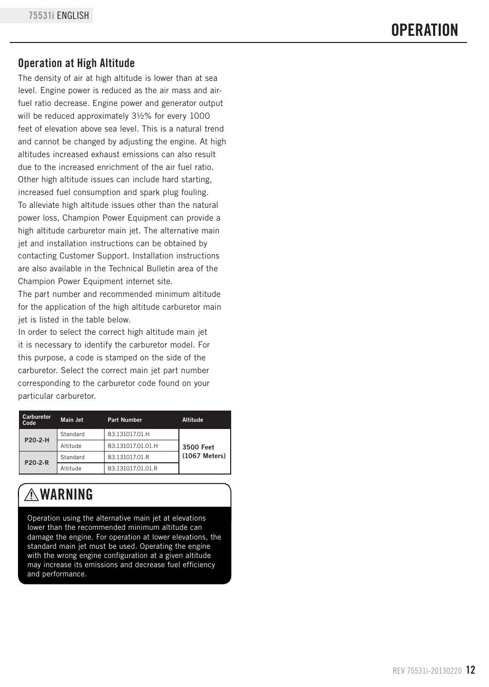 Operation, Warning, Operation at high altitude | Champion Power Equipment 75531i User Manual | Page 15 / 29