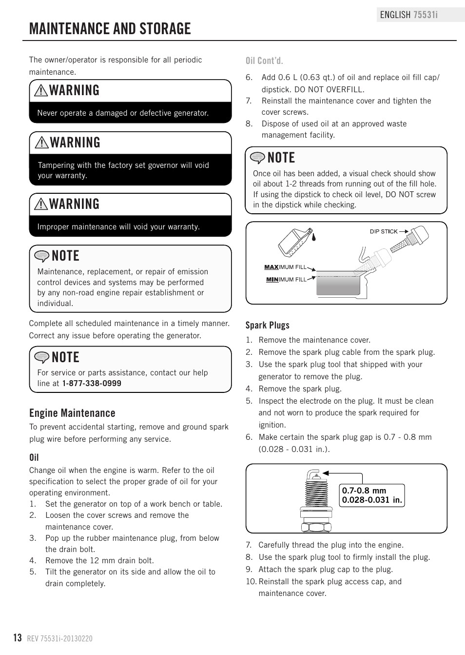 Maintenance and storage, Warning, Engine maintenance | Champion Power Equipment 75531i User Manual | Page 16 / 29