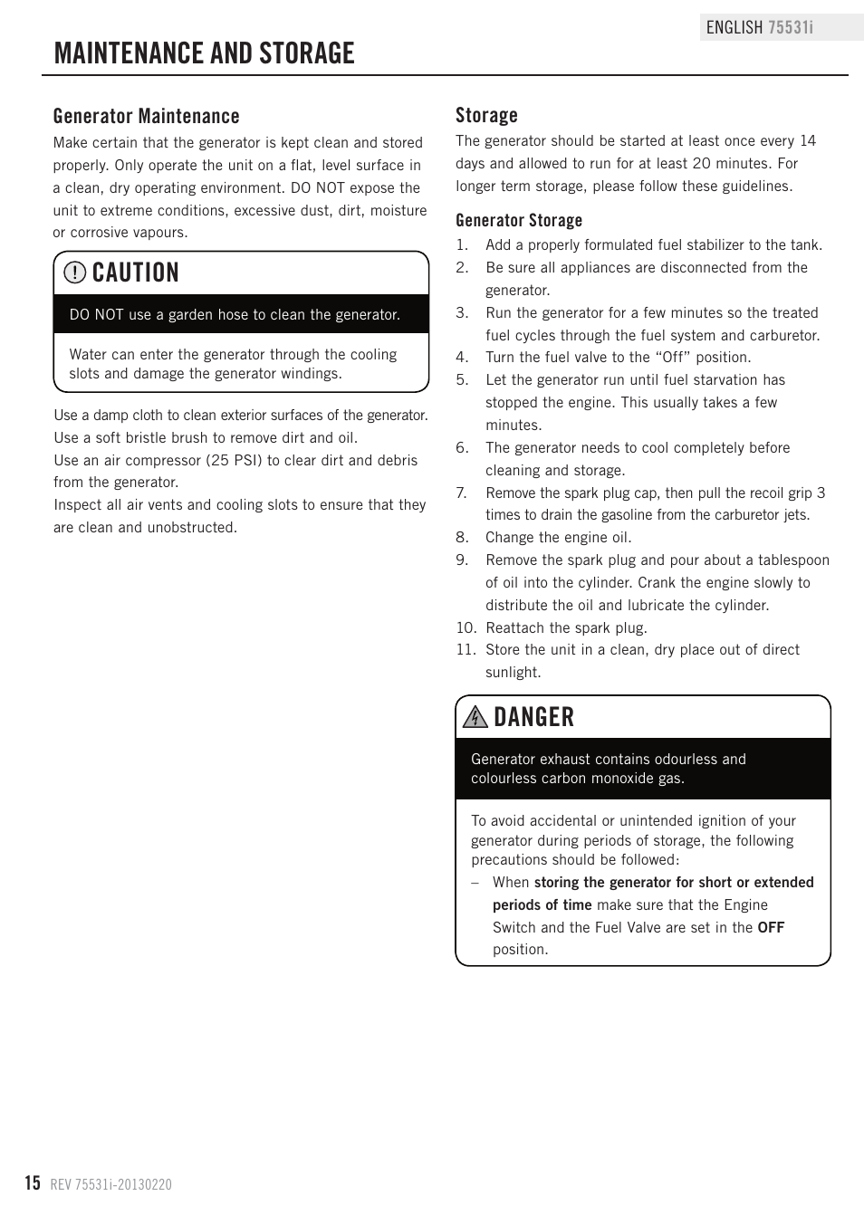 Maintenance and storage, Caution, Danger | Storage, Generator maintenance | Champion Power Equipment 75531i User Manual | Page 18 / 29