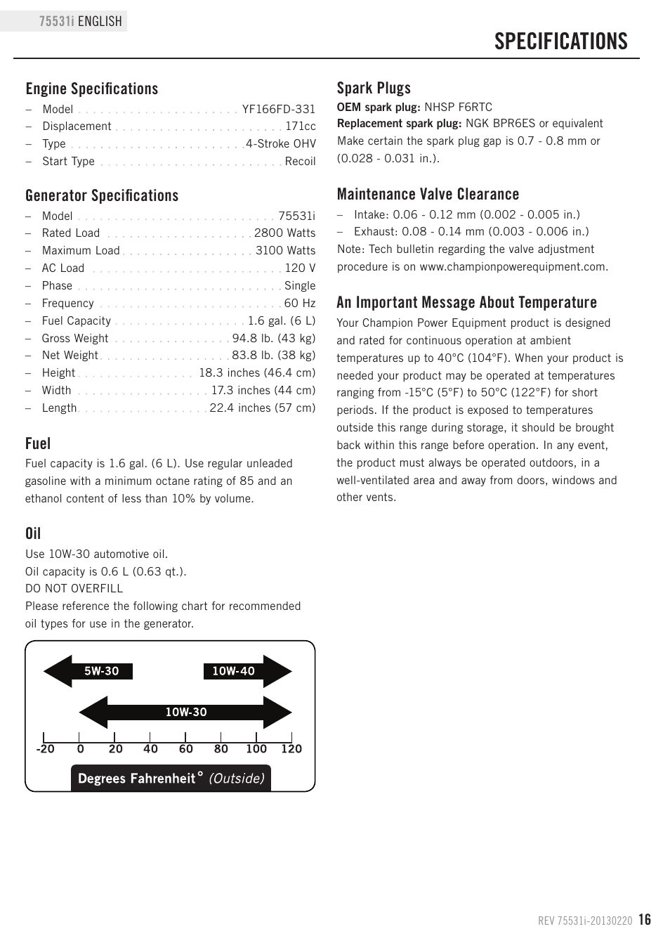 Specifications, Fuel, Maintenance valve clearance | Generator specifications, Engine specifications, Spark plugs, An important message about temperature | Champion Power Equipment 75531i User Manual | Page 19 / 29