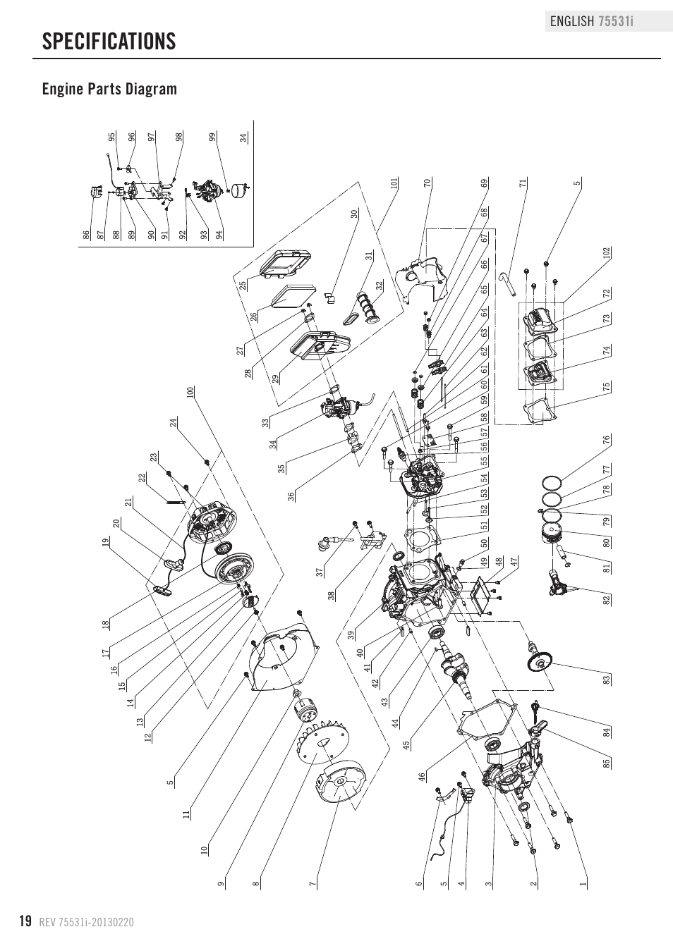 Specifications, Engine parts diagram | Champion Power Equipment 75531i User Manual | Page 22 / 29