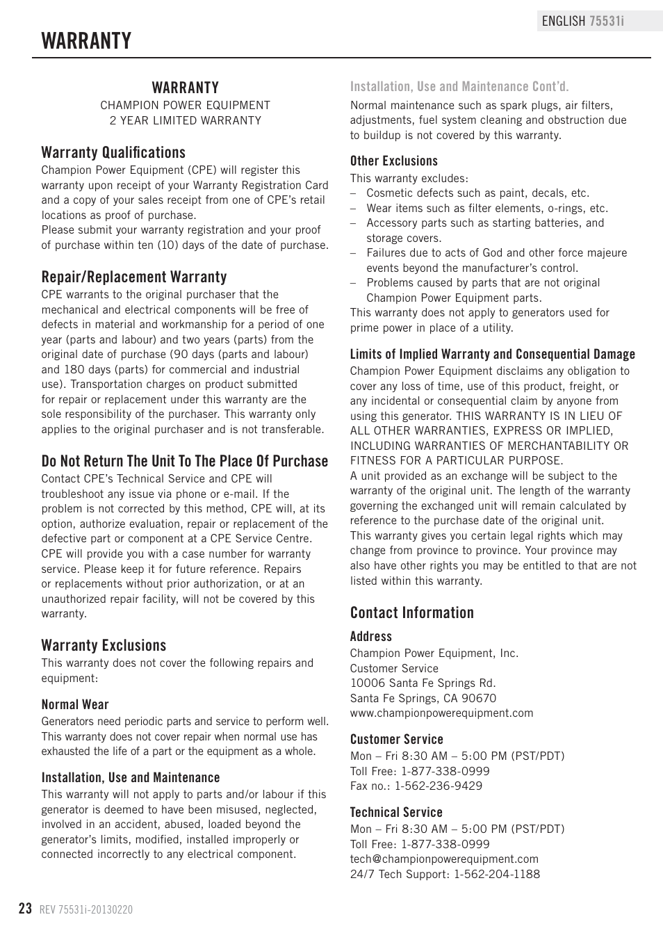 Warranty, Warranty qualifications, Repair/replacement warranty | Do not return the unit to the place of purchase, Warranty exclusions, Contact information | Champion Power Equipment 75531i User Manual | Page 26 / 29