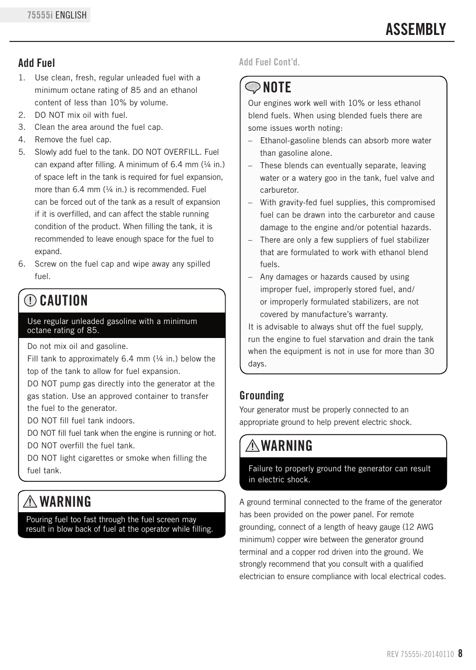 Assembly, Warning, Caution | Grounding, Add fuel | Champion Power Equipment 75555i User Manual | Page 11 / 28