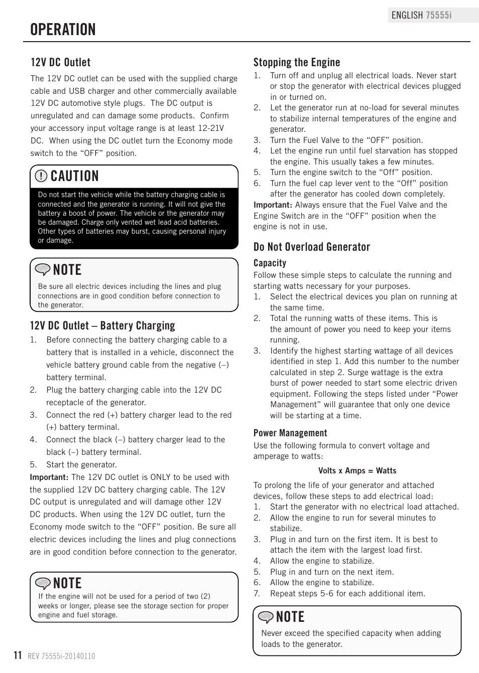 Operation, Caution, Do not overload generator | Stopping the engine, 12v dc outlet, 12v dc outlet – battery charging | Champion Power Equipment 75555i User Manual | Page 14 / 28