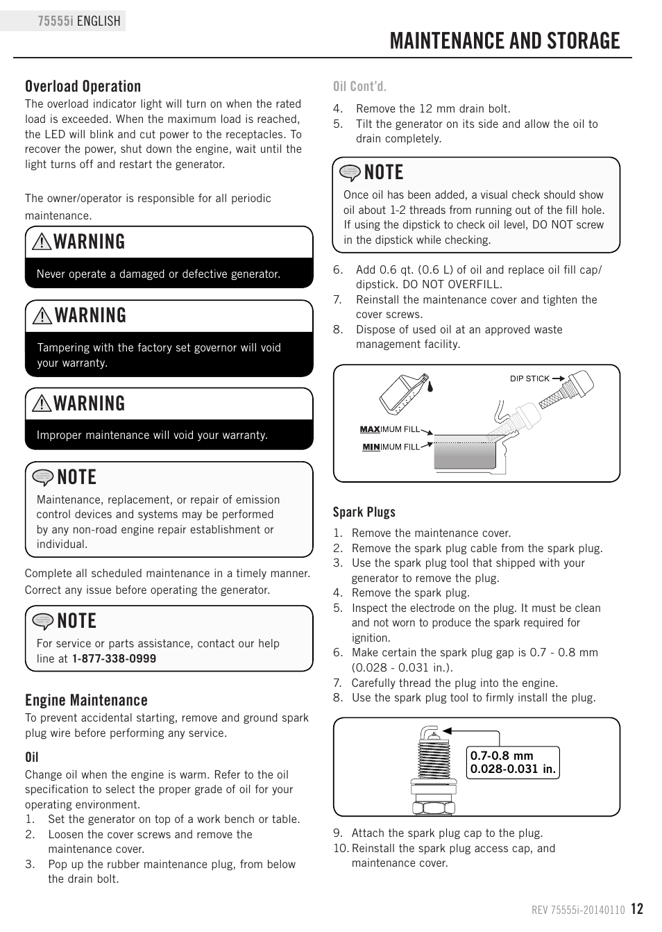 Maintenance and storage, Warning, Overload operation | Engine maintenance | Champion Power Equipment 75555i User Manual | Page 15 / 28