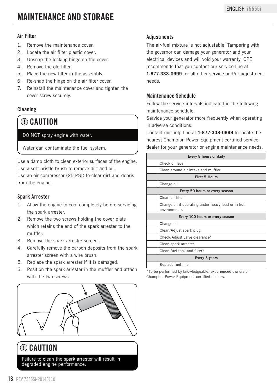 Maintenance and storage, Caution | Champion Power Equipment 75555i User Manual | Page 16 / 28