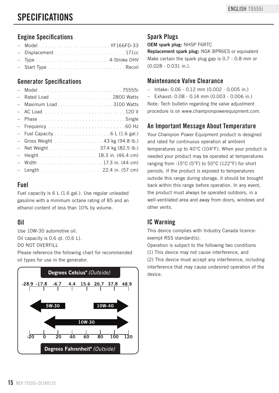 Specifications, Fuel, Maintenance valve clearance | Generator specifications, Engine specifications, Spark plugs, Ic warning, An important message about temperature | Champion Power Equipment 75555i User Manual | Page 18 / 28