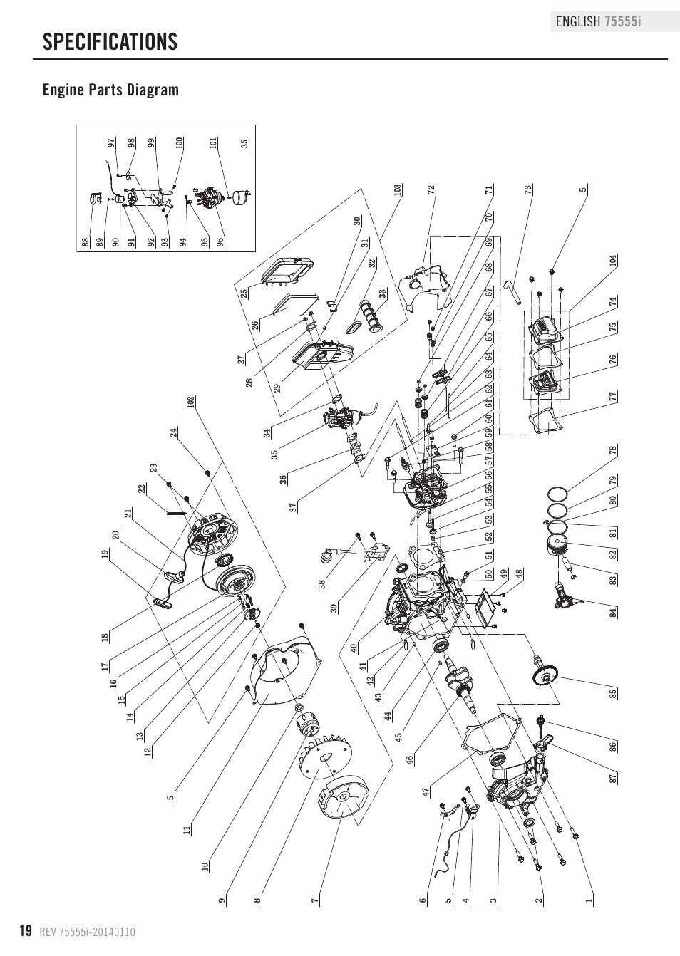 Specifications, Engine parts diagram | Champion Power Equipment 75555i User Manual | Page 22 / 28