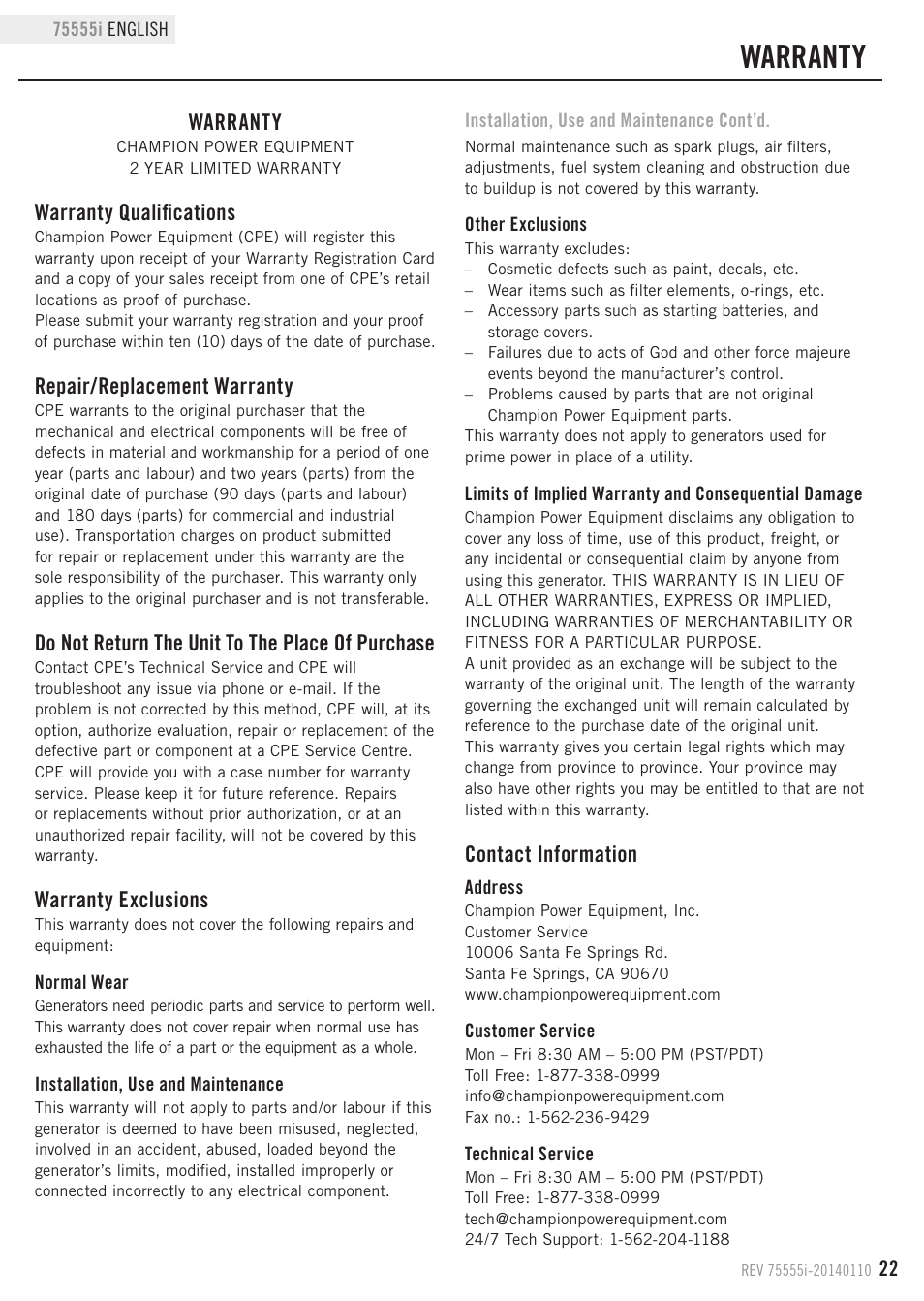 Warranty, Warranty qualifications, Repair/replacement warranty | Do not return the unit to the place of purchase, Warranty exclusions, Contact information | Champion Power Equipment 75555i User Manual | Page 25 / 28