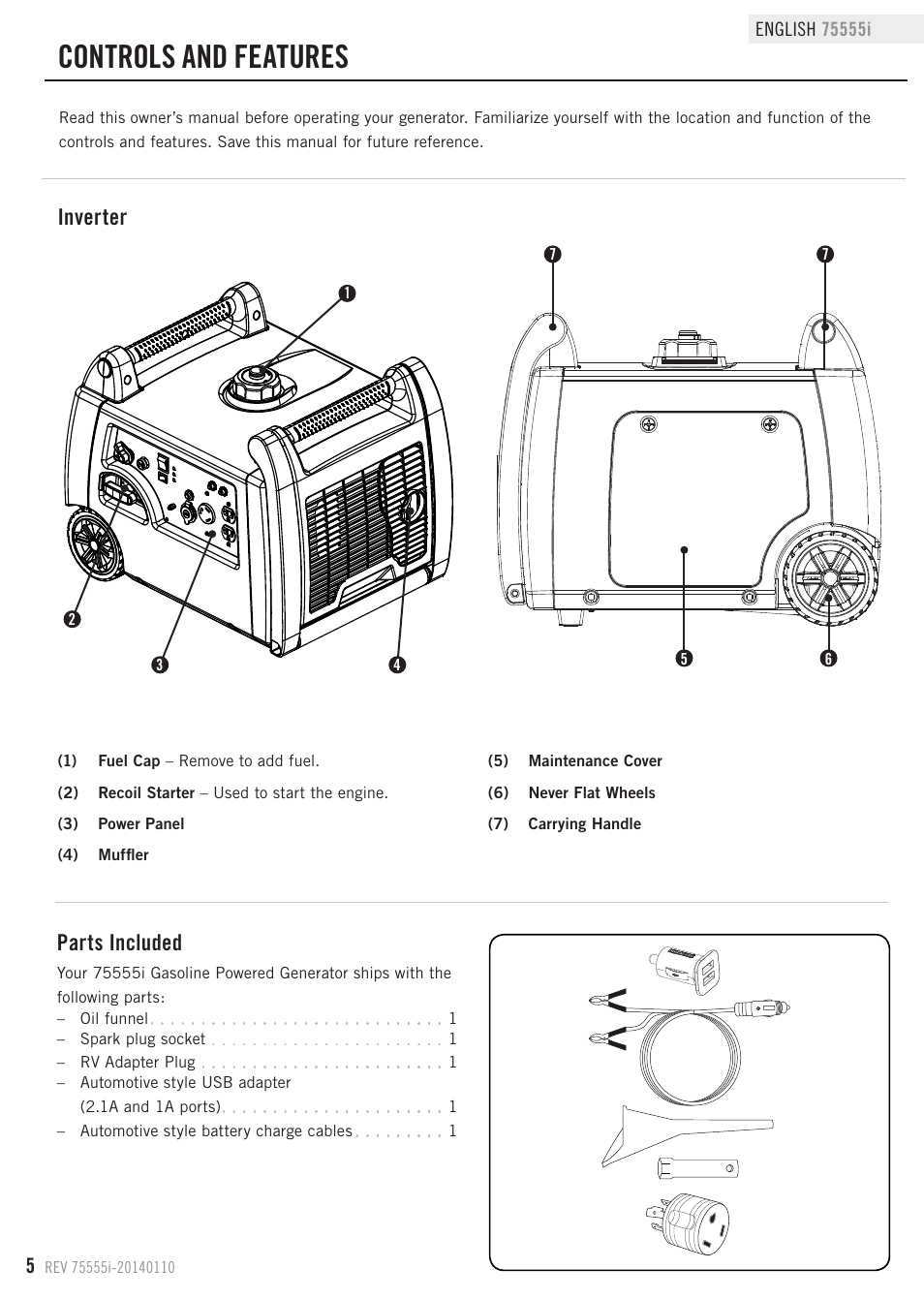 Controls and features, Inverter, Parts included | Champion Power Equipment 75555i User Manual | Page 8 / 28