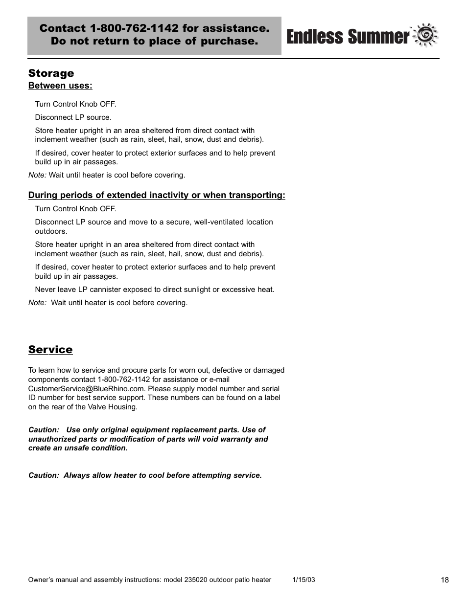 Service | Blue Rhino 235020 User Manual | Page 19 / 44
