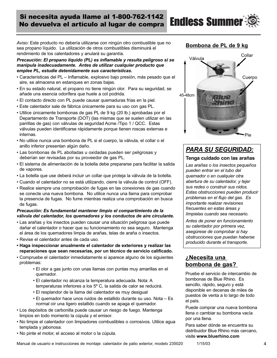 Para su seguridad, Necesita una bombona de gas | Blue Rhino 235020 User Manual | Page 25 / 44