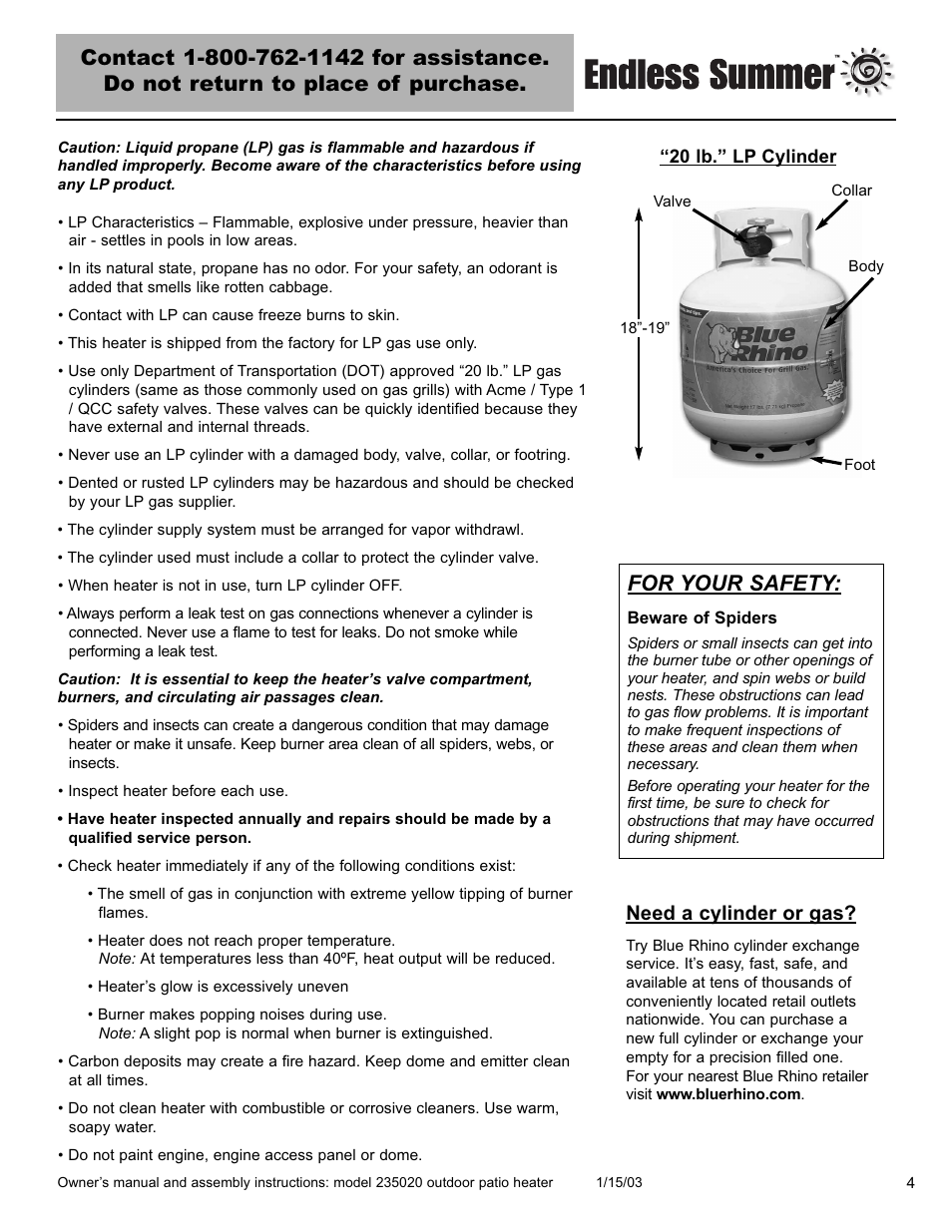 For your safety, Need a cylinder or gas | Blue Rhino 235020 User Manual | Page 5 / 44