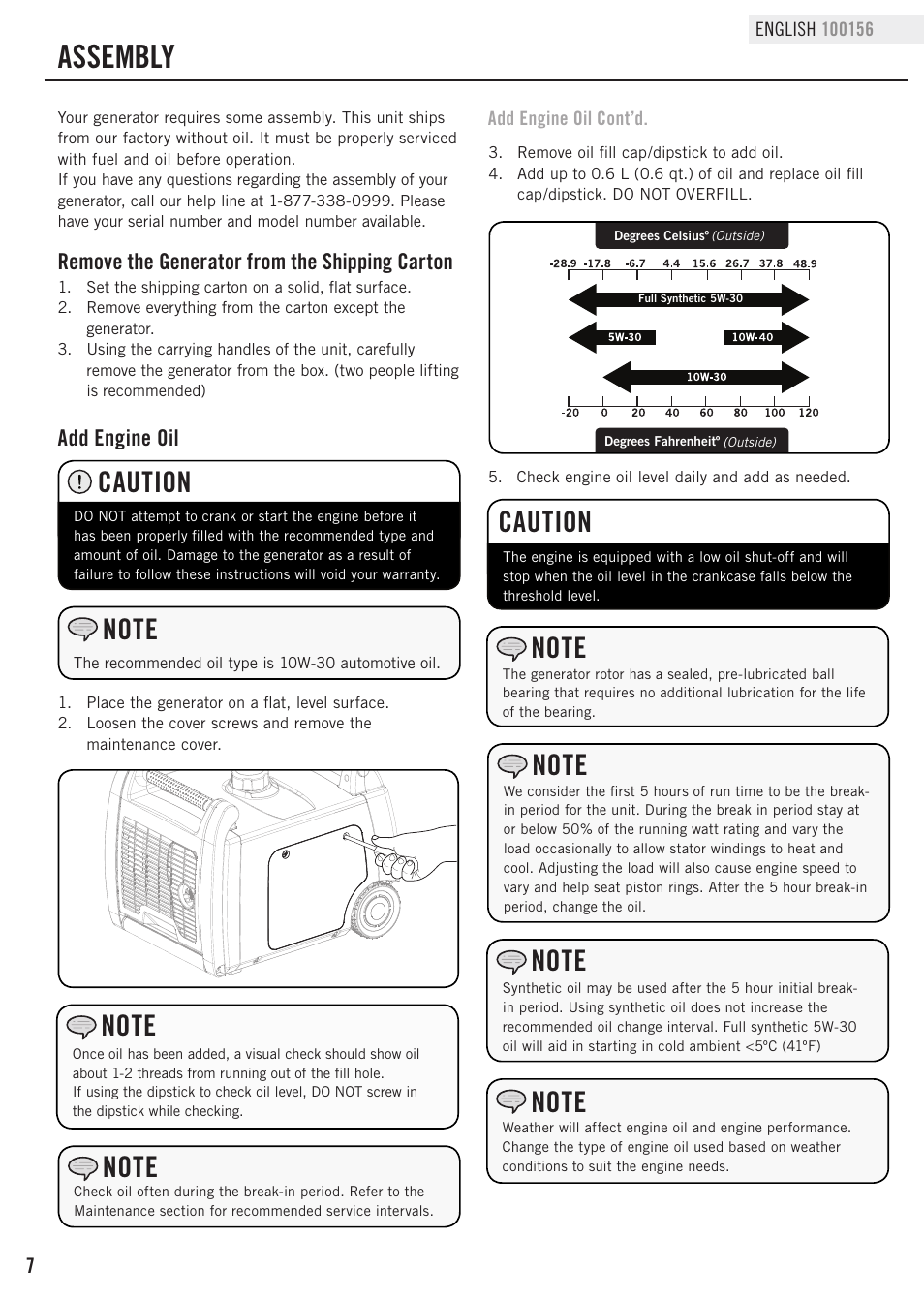 Assembly, Caution, Remove the generator from the shipping carton | Add engine oil | Champion Power Equipment 100156 User Manual | Page 10 / 29