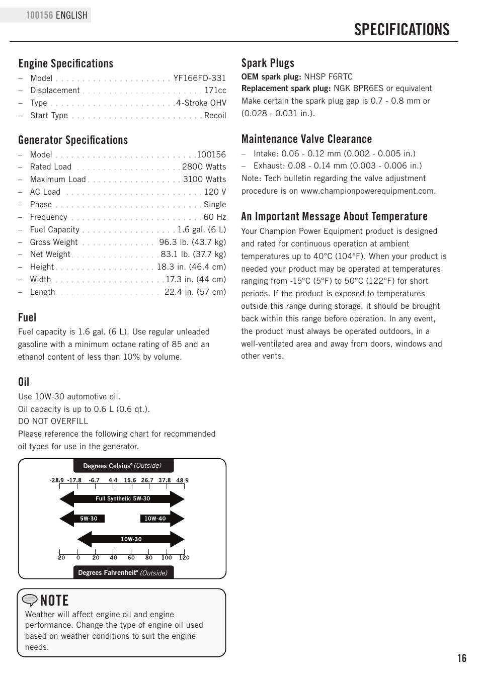 Specifications, Fuel, Maintenance valve clearance | Generator specifications, Engine specifications, Spark plugs, An important message about temperature | Champion Power Equipment 100156 User Manual | Page 19 / 29