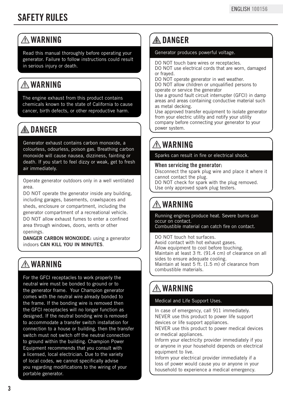 Safety rules, Danger, Warning | Champion Power Equipment 100156 User Manual | Page 6 / 29