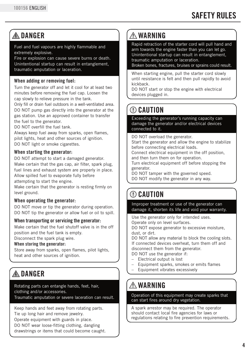 Safety rules, Caution, Warning | Danger | Champion Power Equipment 100156 User Manual | Page 7 / 29