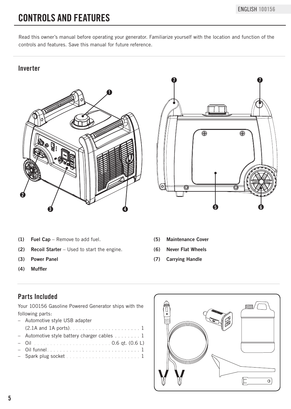 Controls and features, Inverter, Parts included | Champion Power Equipment 100156 User Manual | Page 8 / 29