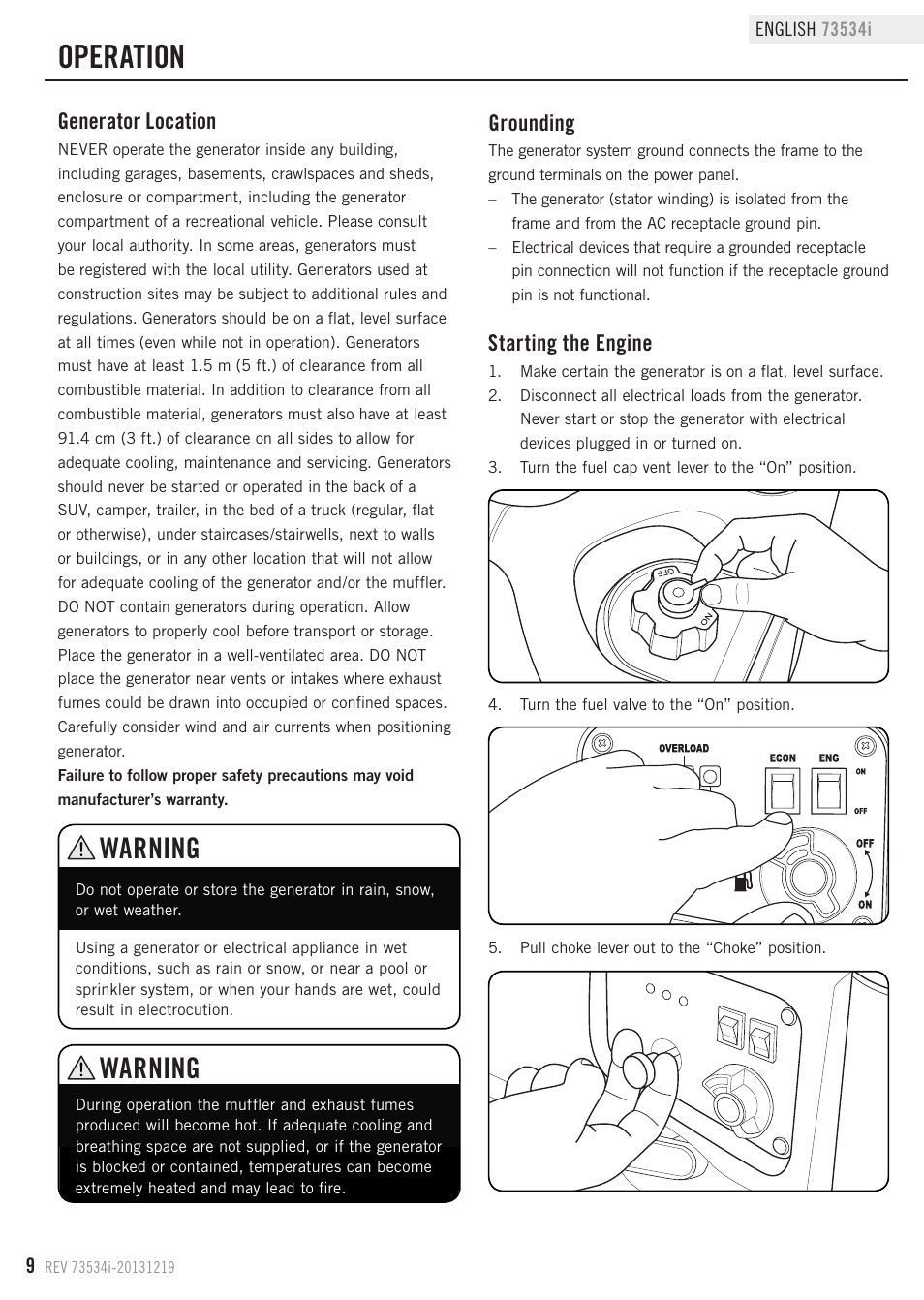 Operation, Warning, Starting the engine | Generator location, Grounding | Champion Power Equipment 73534i User Manual | Page 12 / 29