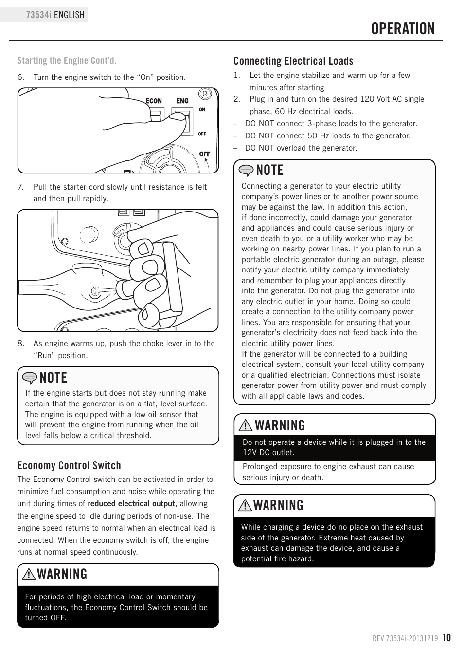 Operation, Warning, Economy control switch | Connecting electrical loads | Champion Power Equipment 73534i User Manual | Page 13 / 29