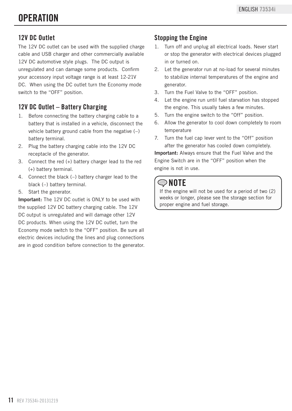 Operation, Stopping the engine, 12v dc outlet | 12v dc outlet – battery charging | Champion Power Equipment 73534i User Manual | Page 14 / 29