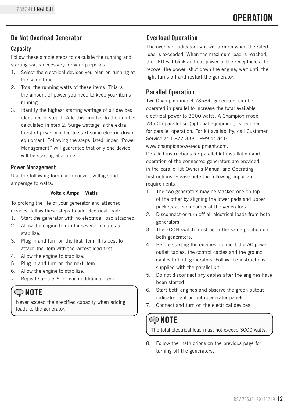 Operation, Do not overload generator, Overload operation | Parallel operation | Champion Power Equipment 73534i User Manual | Page 15 / 29