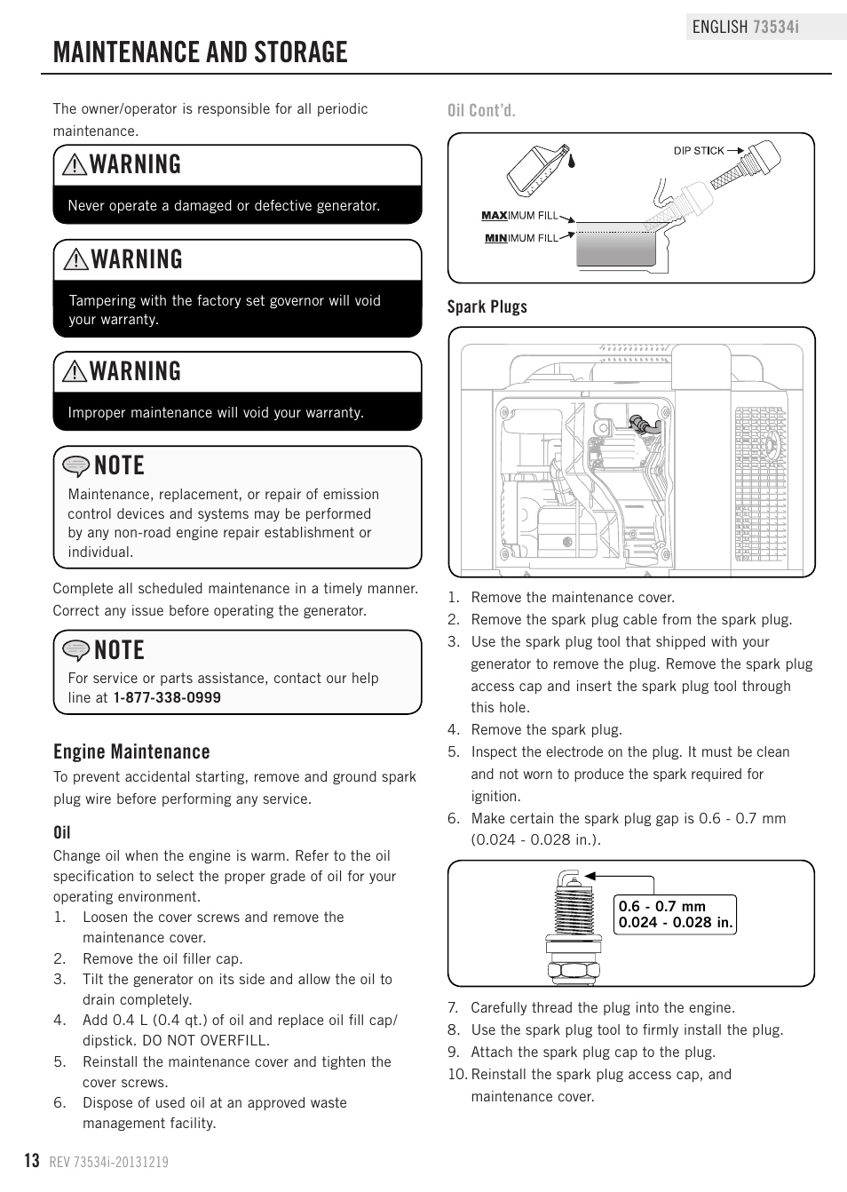 Maintenance and storage, Warning, Engine maintenance | Champion Power Equipment 73534i User Manual | Page 16 / 29