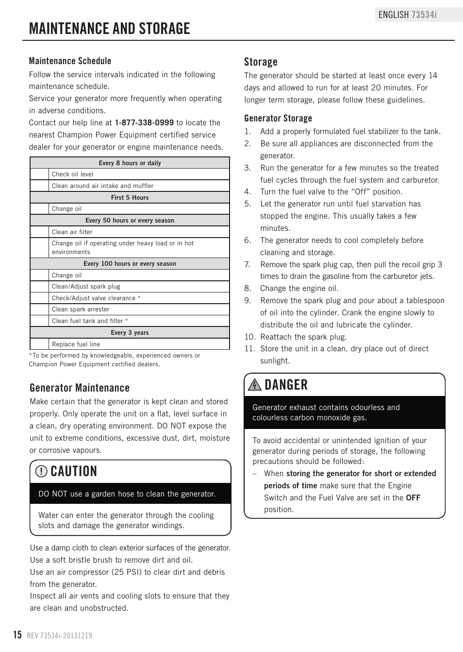 Maintenance and storage, Caution, Danger | Storage, Generator maintenance | Champion Power Equipment 73534i User Manual | Page 18 / 29