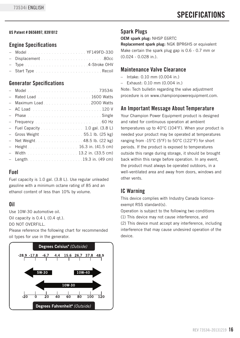 Specifications, Fuel, Maintenance valve clearance | Generator specifications, Engine specifications, Spark plugs, Ic warning, An important message about temperature | Champion Power Equipment 73534i User Manual | Page 19 / 29