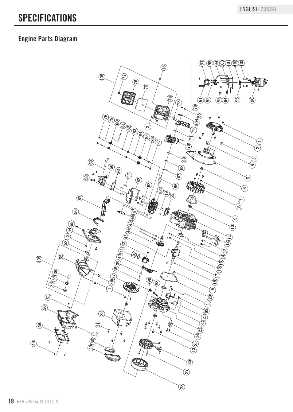 Specifications, Engine parts diagram | Champion Power Equipment 73534i User Manual | Page 22 / 29