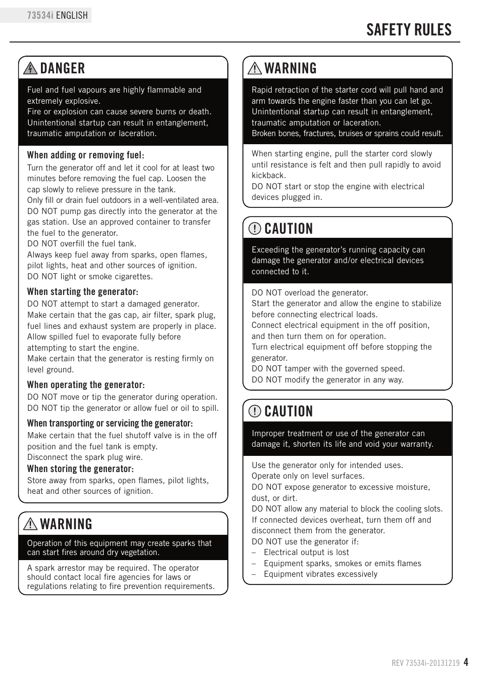 Safety rules, Caution, Warning | Danger | Champion Power Equipment 73534i User Manual | Page 7 / 29
