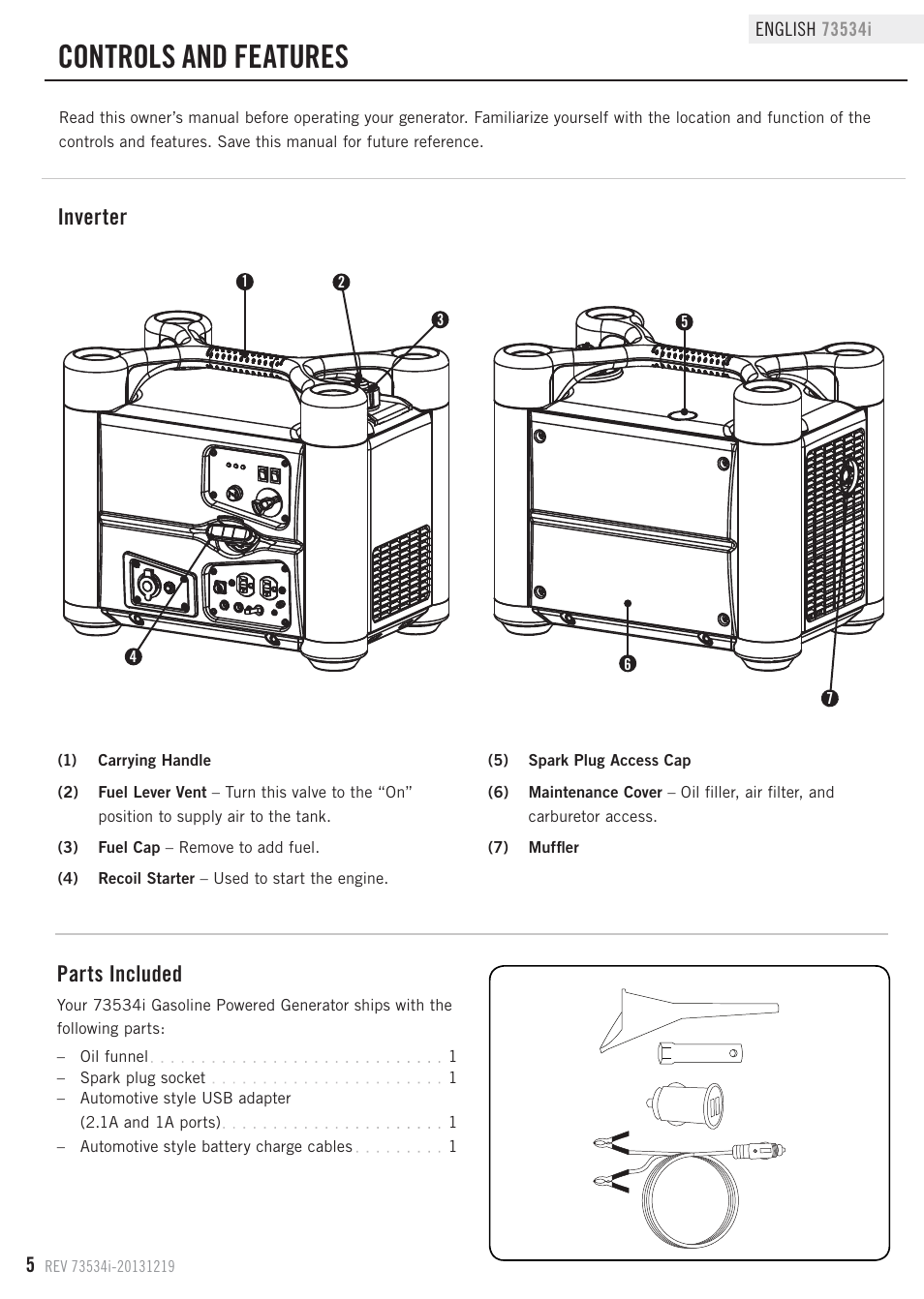 Controls and features, Inverter, Parts included | Champion Power Equipment 73534i User Manual | Page 8 / 29