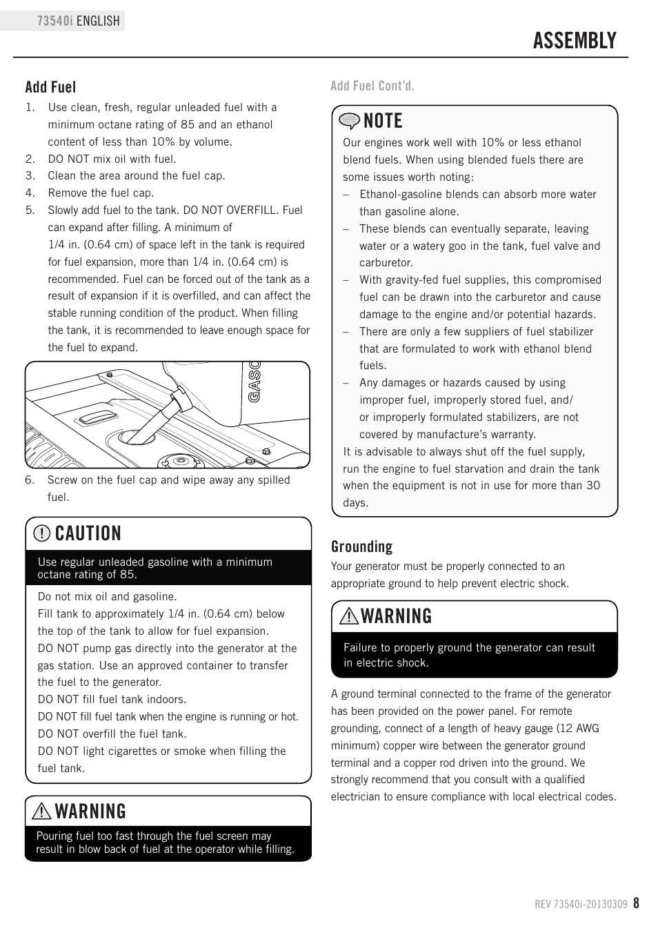 Assembly, Warning, Caution | Grounding, Add fuel | Champion Power Equipment 73540i User Manual | Page 11 / 29