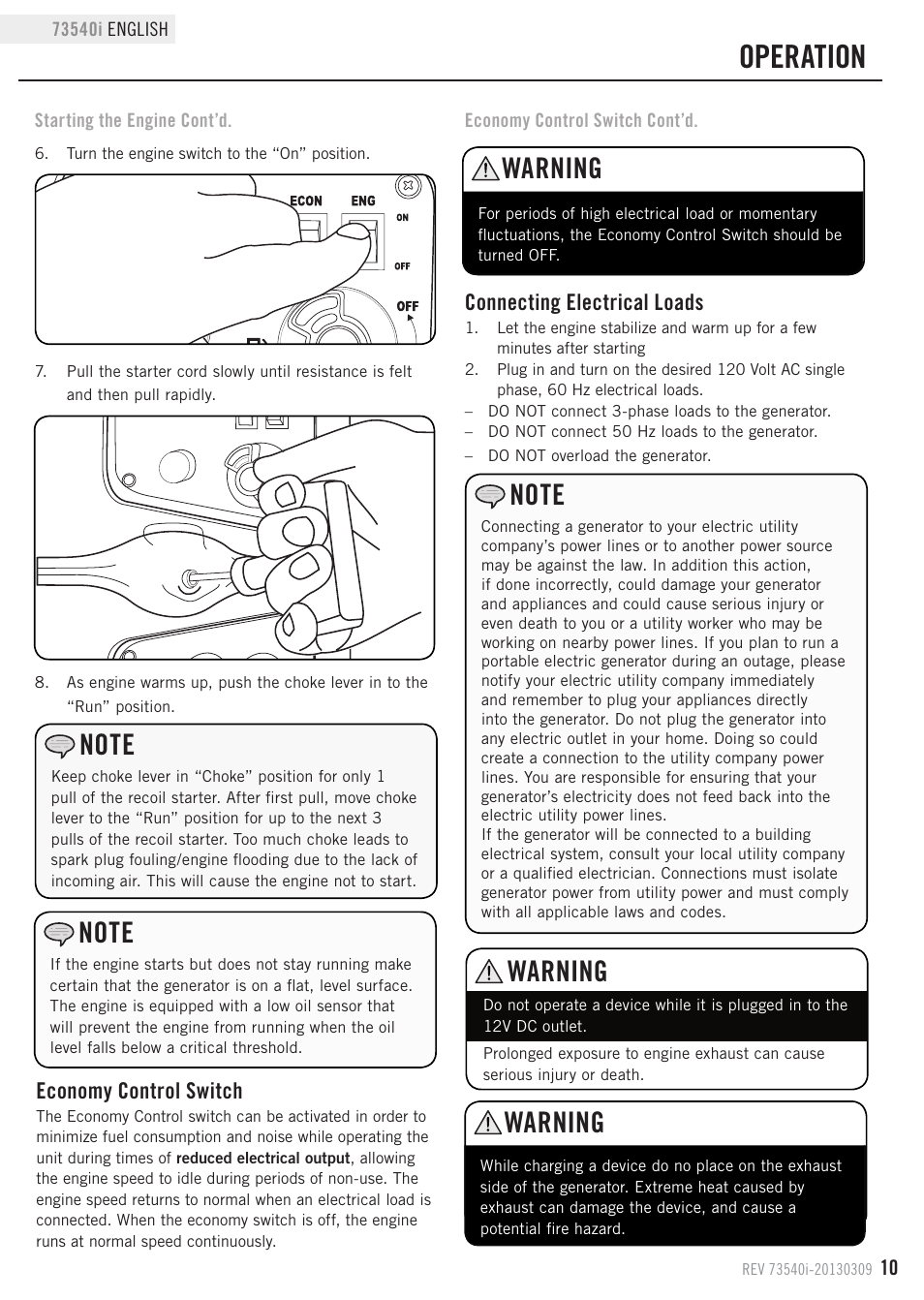 Operation, Warning, Economy control switch | Connecting electrical loads | Champion Power Equipment 73540i User Manual | Page 13 / 29