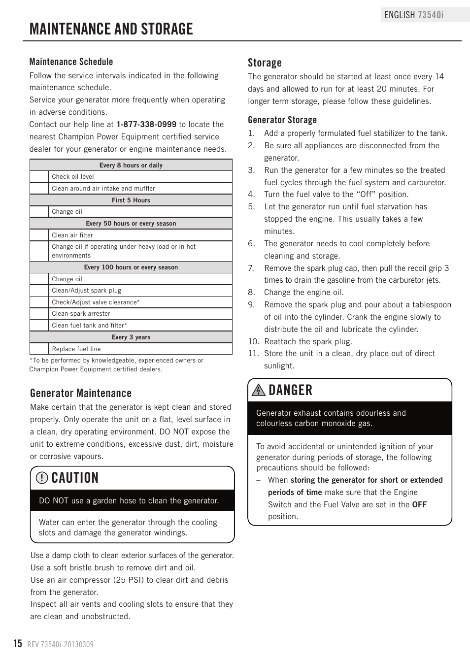 Maintenance and storage, Caution, Danger | Storage, Generator maintenance | Champion Power Equipment 73540i User Manual | Page 18 / 29