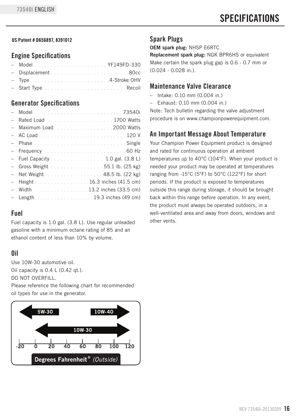 Specifications, Fuel, Maintenance valve clearance | Generator specifications, Engine specifications, Spark plugs, An important message about temperature | Champion Power Equipment 73540i User Manual | Page 19 / 29