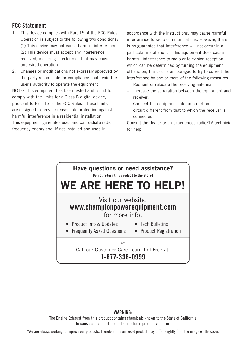 We are here to help, Have questions or need assistance, Visit our website | For more info, Fcc statement | Champion Power Equipment 73540i User Manual | Page 2 / 29