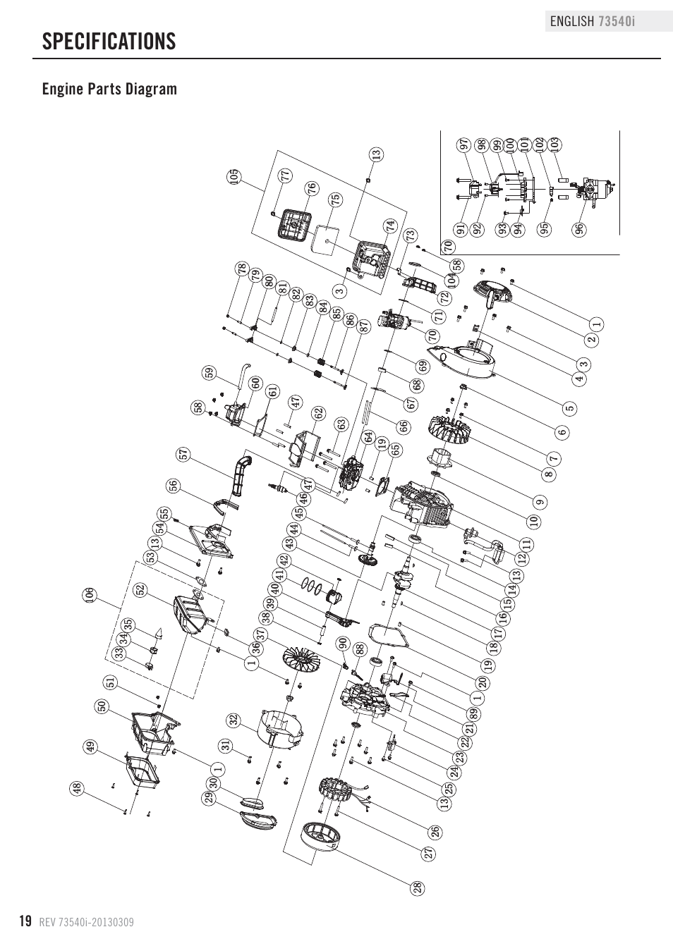 Specifications, Engine parts diagram | Champion Power Equipment 73540i User Manual | Page 22 / 29