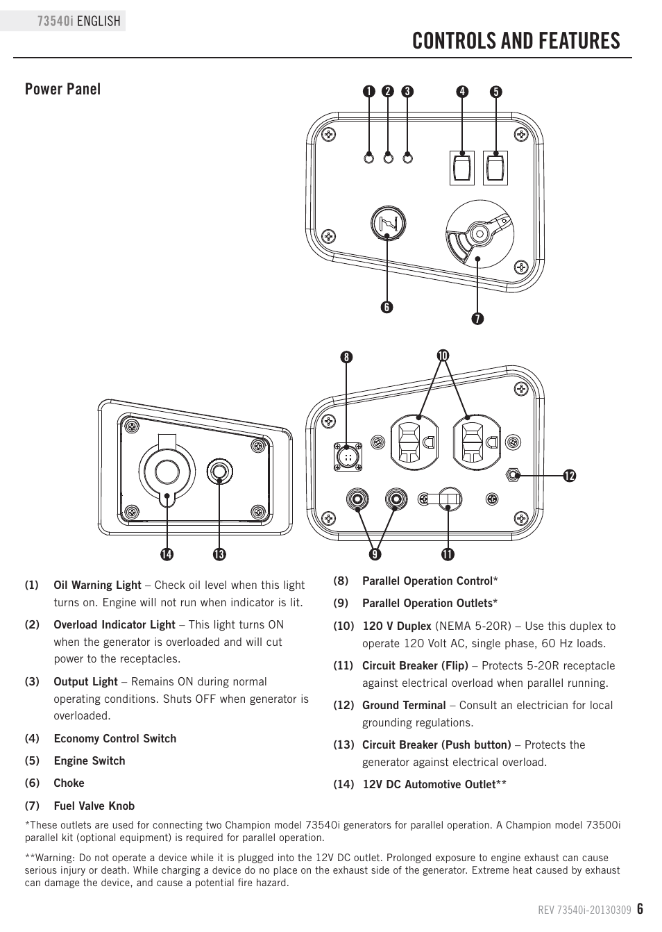 Controls and features, Power panel | Champion Power Equipment 73540i User Manual | Page 9 / 29