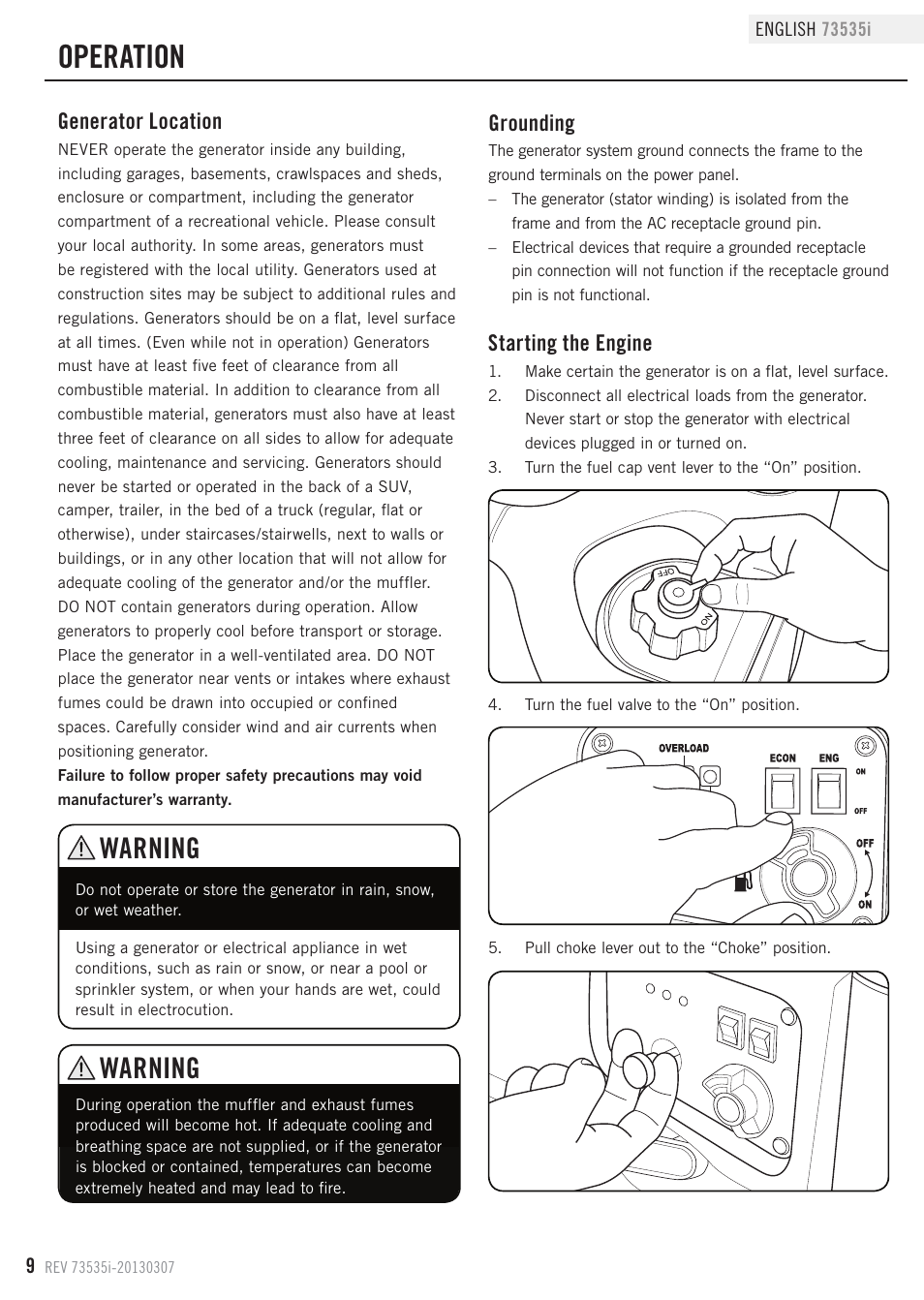 Operation, Warning, Starting the engine | Generator location, Grounding | Champion Power Equipment 73535i User Manual | Page 12 / 28