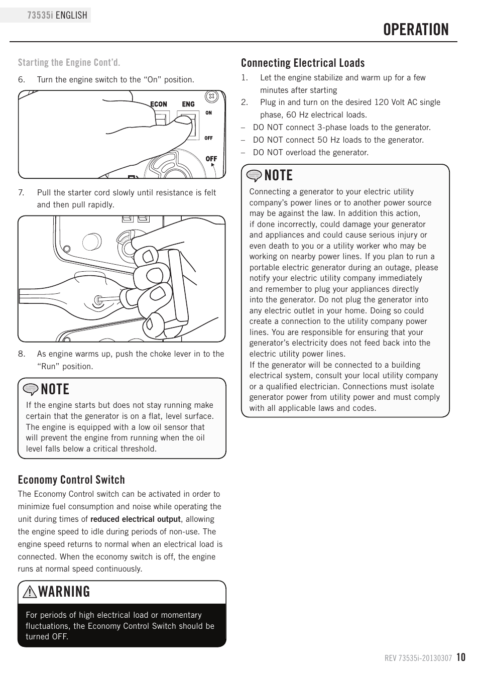 Operation, Warning, Economy control switch | Connecting electrical loads | Champion Power Equipment 73535i User Manual | Page 13 / 28