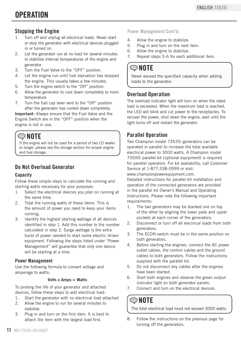 Operation, Do not overload generator, Overload operation | Parallel operation, Stopping the engine | Champion Power Equipment 73535i User Manual | Page 14 / 28