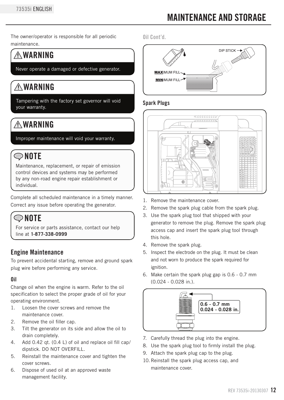 Maintenance and storage, Warning, Engine maintenance | Champion Power Equipment 73535i User Manual | Page 15 / 28